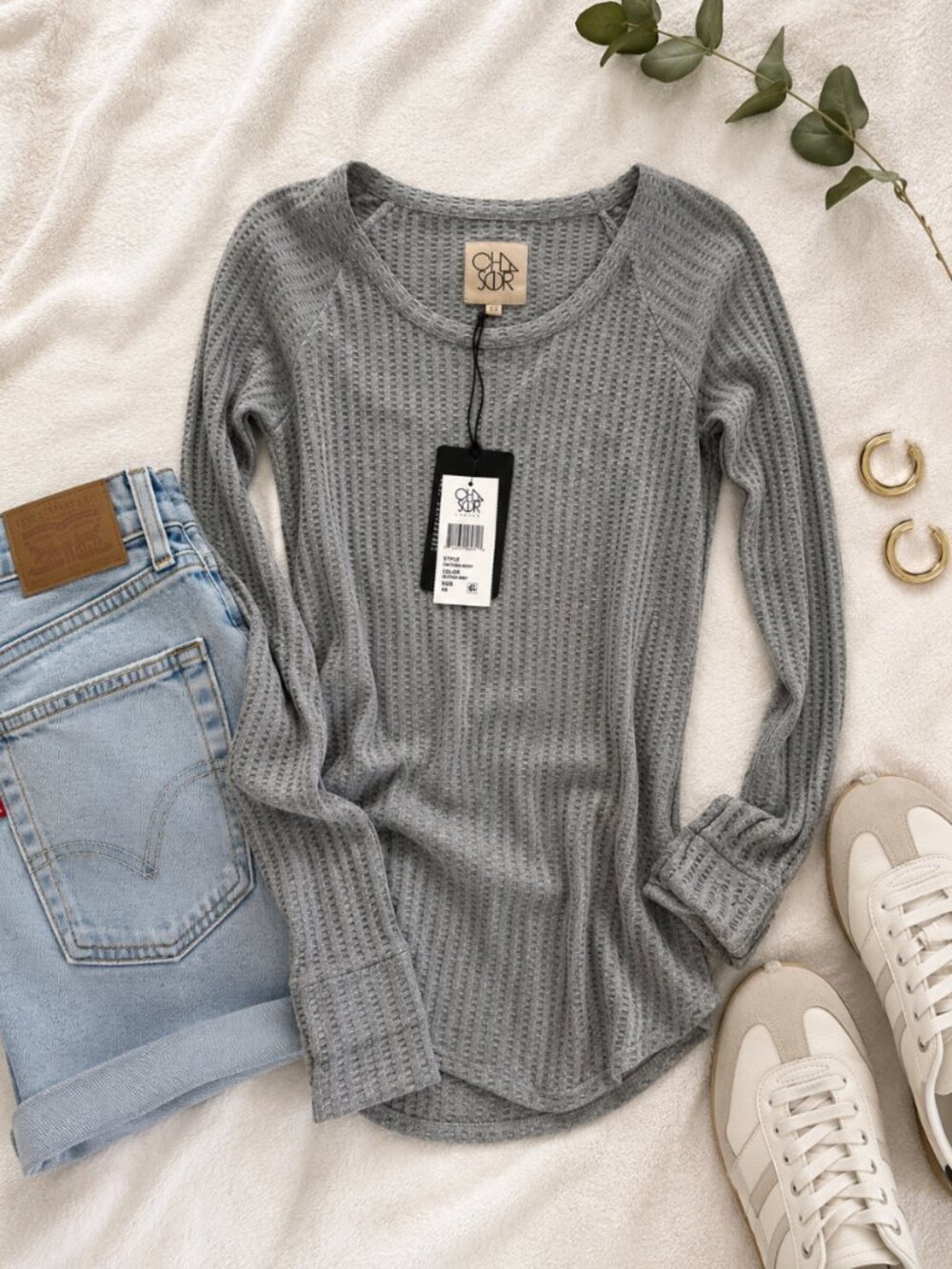 Chaser Heather Grey Waffle Knit Long Sleeve Top NWT XS